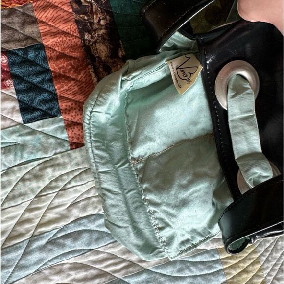 Vintage 90 Y2K Vamp Girls Handmade Black Faux Leather Blue Satin Bow Mini Bag - Picture 7 of 8